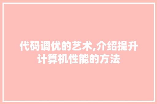 代码调优的艺术,介绍提升计算机性能的方法