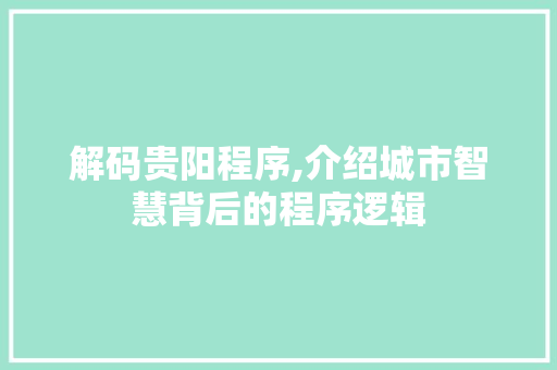 解码贵阳程序,介绍城市智慧背后的程序逻辑