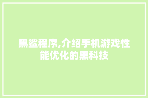黑鲨程序,介绍手机游戏性能优化的黑科技 小程序开发