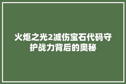 火炬之光2减伤宝石代码守护战力背后的奥秘