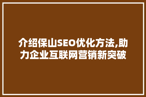 介绍保山SEO优化方法,助力企业互联网营销新突破 网站优化