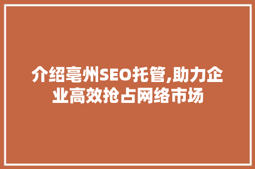 介绍亳州SEO托管,助力企业高效抢占网络市场