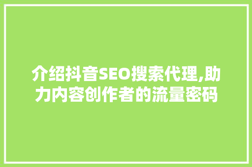 介绍抖音SEO搜索代理,助力内容创作者的流量密码