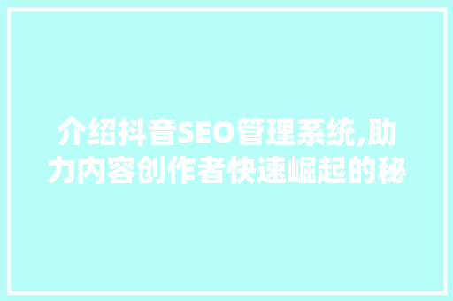 介绍抖音SEO管理系统,助力内容创作者快速崛起的秘密武器
