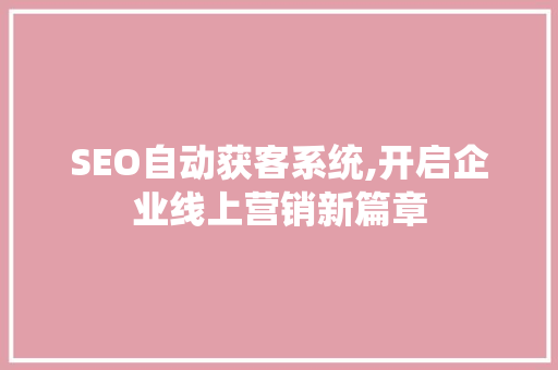 SEO自动获客系统,开启企业线上营销新篇章