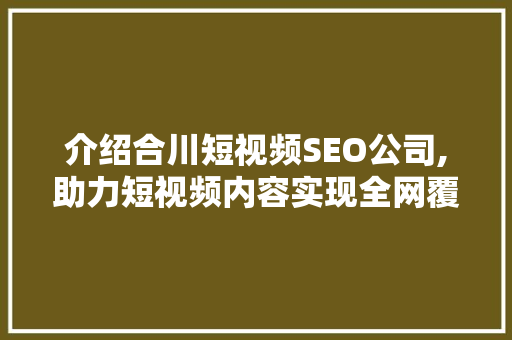 介绍合川短视频SEO公司,助力短视频内容实现全网覆盖的秘密武器