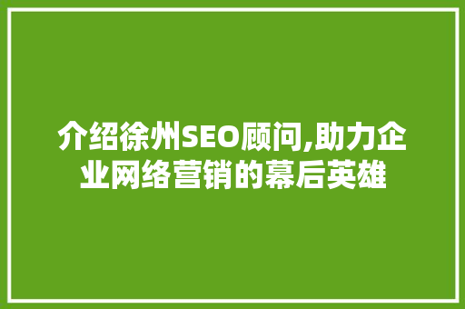 介绍徐州SEO顾问,助力企业网络营销的幕后英雄