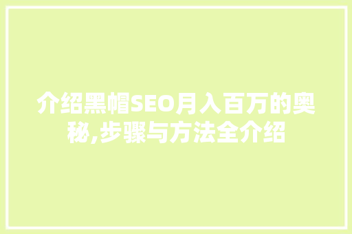 介绍黑帽SEO月入百万的奥秘,步骤与方法全介绍