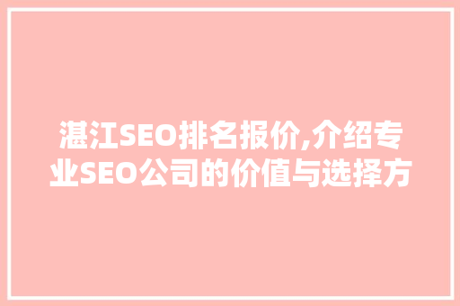 湛江SEO排名报价,介绍专业SEO公司的价值与选择方法