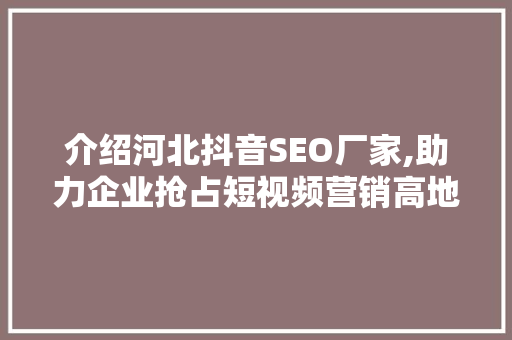 介绍河北抖音SEO厂家,助力企业抢占短视频营销高地
