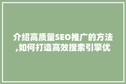 介绍高质量SEO推广的方法,如何打造高效搜索引擎优化步骤