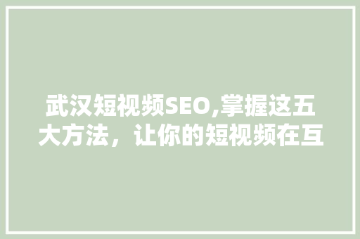 武汉短视频SEO,掌握这五大方法，让你的短视频在互联网上脱颖而出