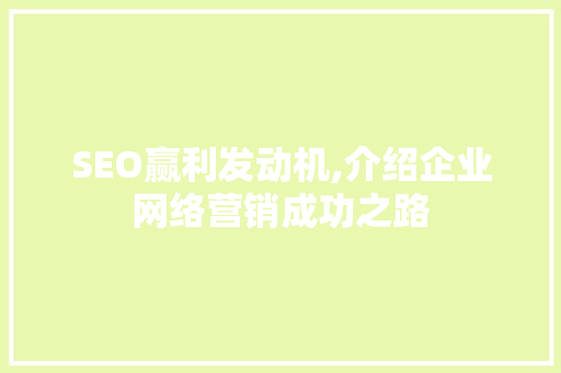 SEO赢利发动机,介绍企业网络营销成功之路