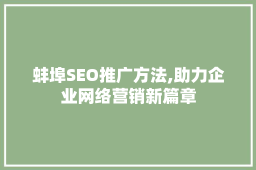 蚌埠SEO推广方法,助力企业网络营销新篇章 AI技术学习