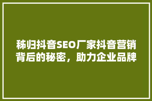 秭归抖音SEO厂家抖音营销背后的秘密，助力企业品牌崛起