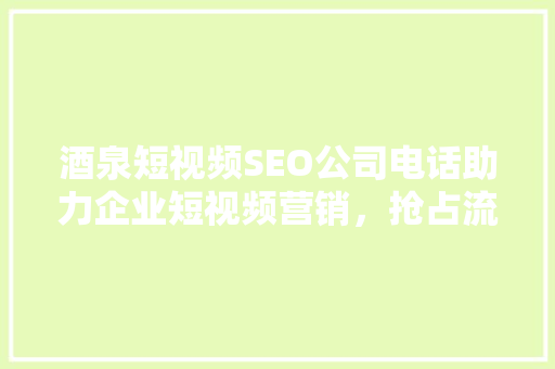 酒泉短视频SEO公司电话助力企业短视频营销，抢占流量高地