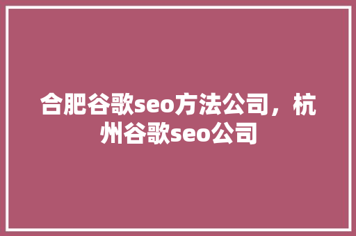 合肥谷歌seo方法公司，杭州谷歌seo公司