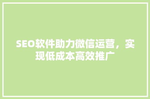 SEO软件助力微信运营，实现低成本高效推广 搜狗优化
