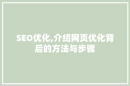 SEO优化,介绍网页优化背后的方法与步骤 SEO优化,介绍网页优化背后的方法与步骤 seo技术