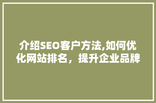 介绍SEO客户方法,如何优化网站排名，提升企业品牌影响力 介绍SEO客户方法,如何优化网站排名，提升企业品牌影响力 小程序开发