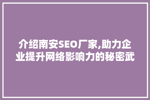 介绍南安SEO厂家,助力企业提升网络影响力的秘密武器