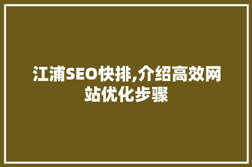 江浦SEO快排,介绍高效网站优化步骤 江浦SEO快排,介绍高效网站优化步骤 AI技术学习